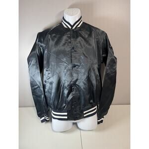 Vintage Taylor Made USA Satin Varsity Bomber Jacket Small Navy Blue Retro